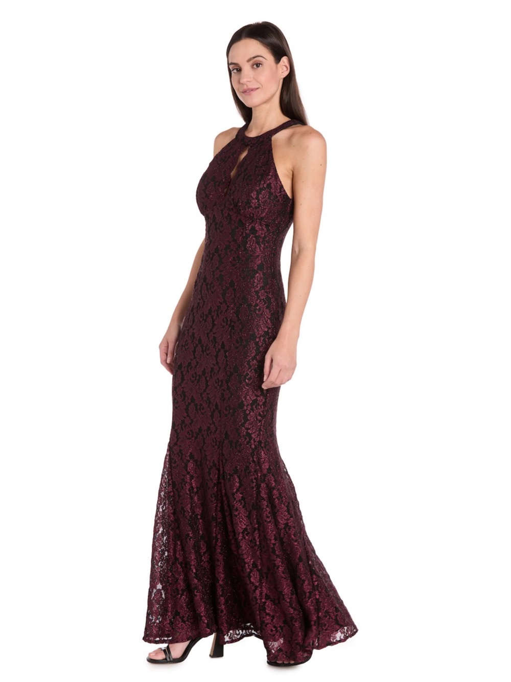 R&M Richards Glitter Lace Evening Gown in Burgundy + chiffon wrap
